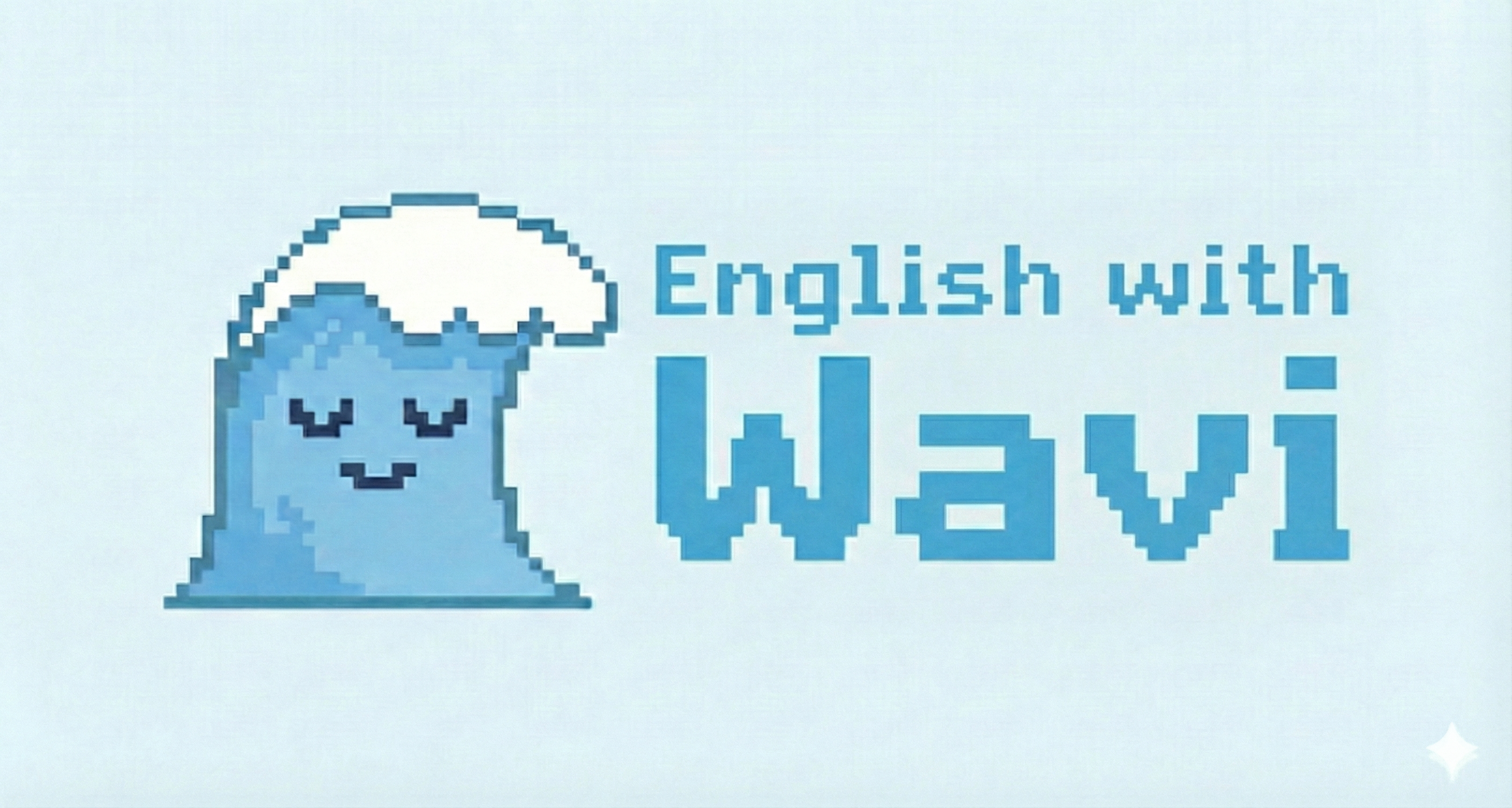 English with Wavi Logo - Blue pixel art wave mascot